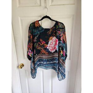 Beyond Capri OS Blue Silk Sleeveless cape blouse
